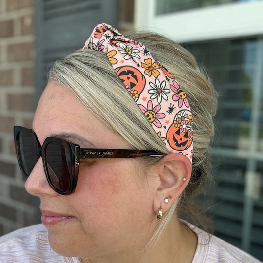 Retro Floral Halloween Headband, Topknot Headband, Pumpkins and Ghosts, Comfortable Topknot Headband, Women & Girls (age 5+)