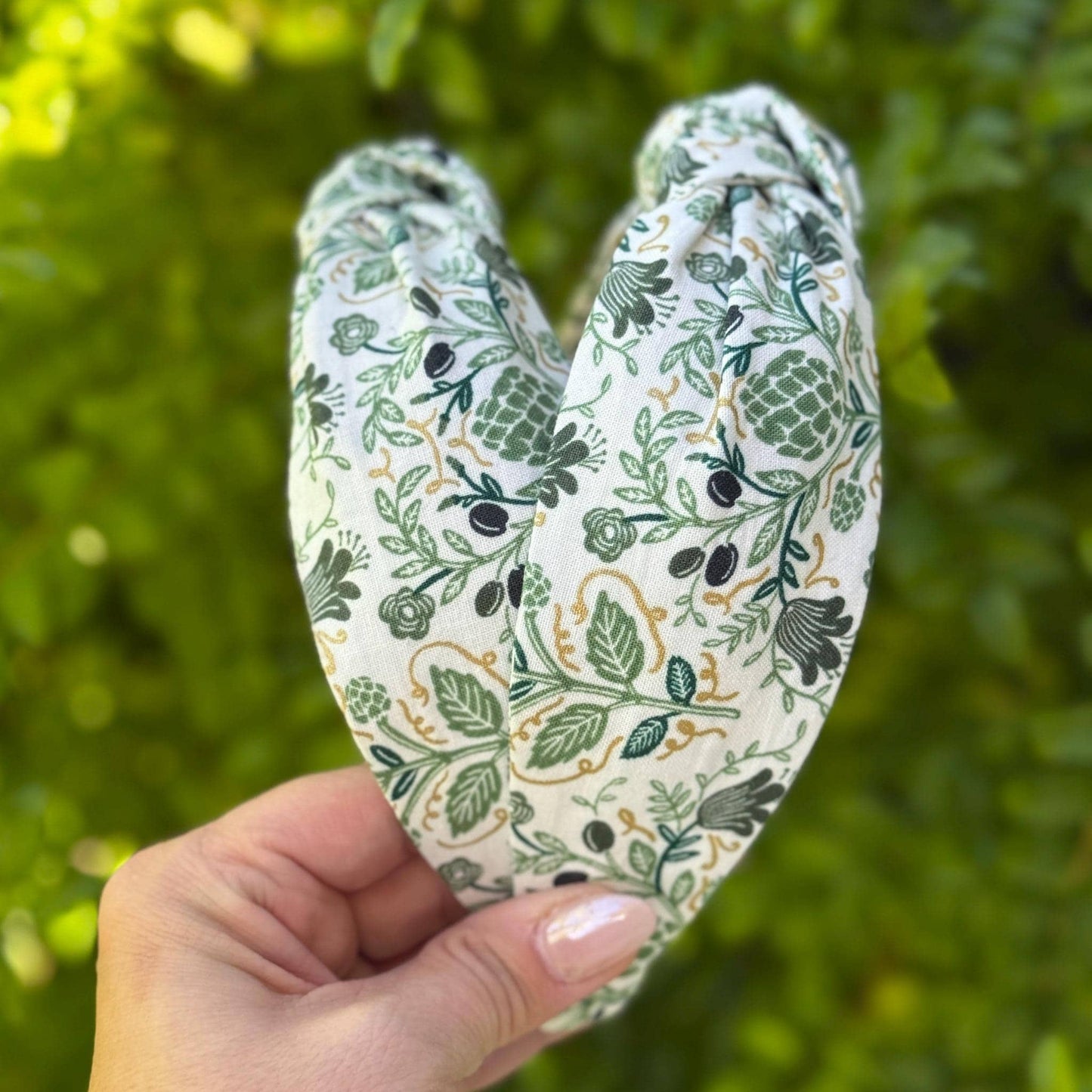 Green & Gold Artichoke Topknot Headband | Made with Rifle Paper Company Fabric