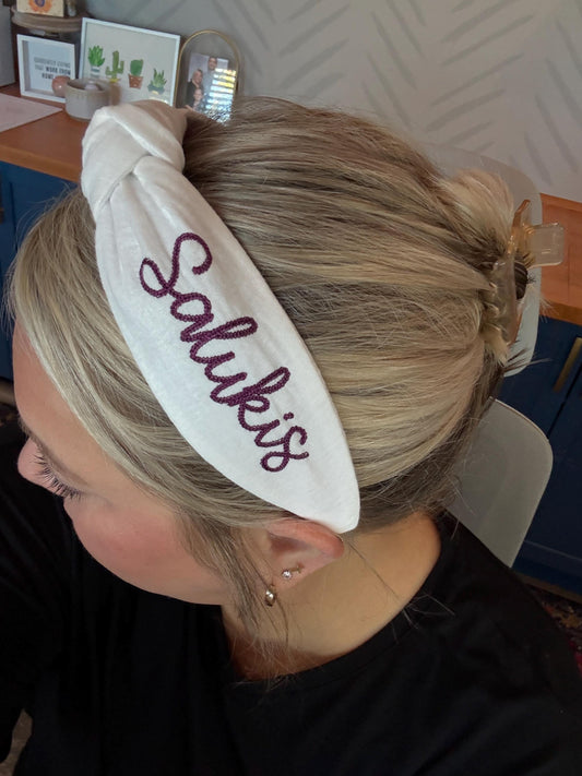 Southern Illinois Salukis Embroidered Topkknot Headband for Women and Girls (Age 5+) | Maroon & White Headband | Salukis Accessories