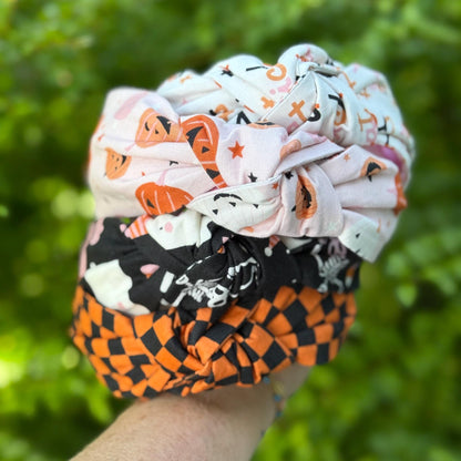 Cute Black and Pink Halloween Headband, Topknot Headband, Pumpkins and Ghosts, Comfortable Topknot Headband, Women & Girls (age 5+)
