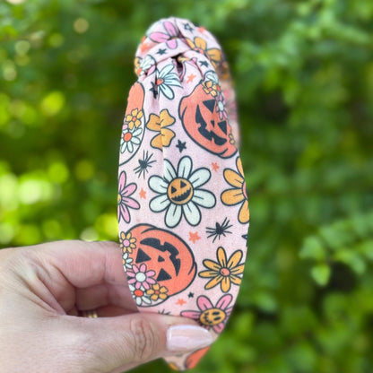 Retro Floral Halloween Headband, Topknot Headband, Pumpkins and Ghosts, Comfortable Topknot Headband, Women & Girls (age 5+)