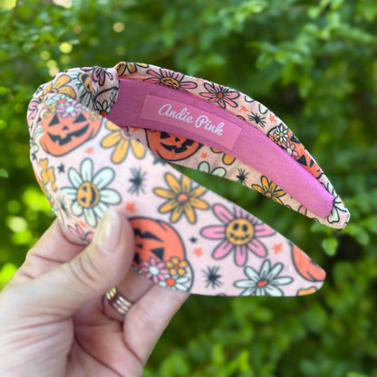 Retro Floral Halloween Headband, Topknot Headband, Pumpkins and Ghosts, Comfortable Topknot Headband, Women & Girls (age 5+)