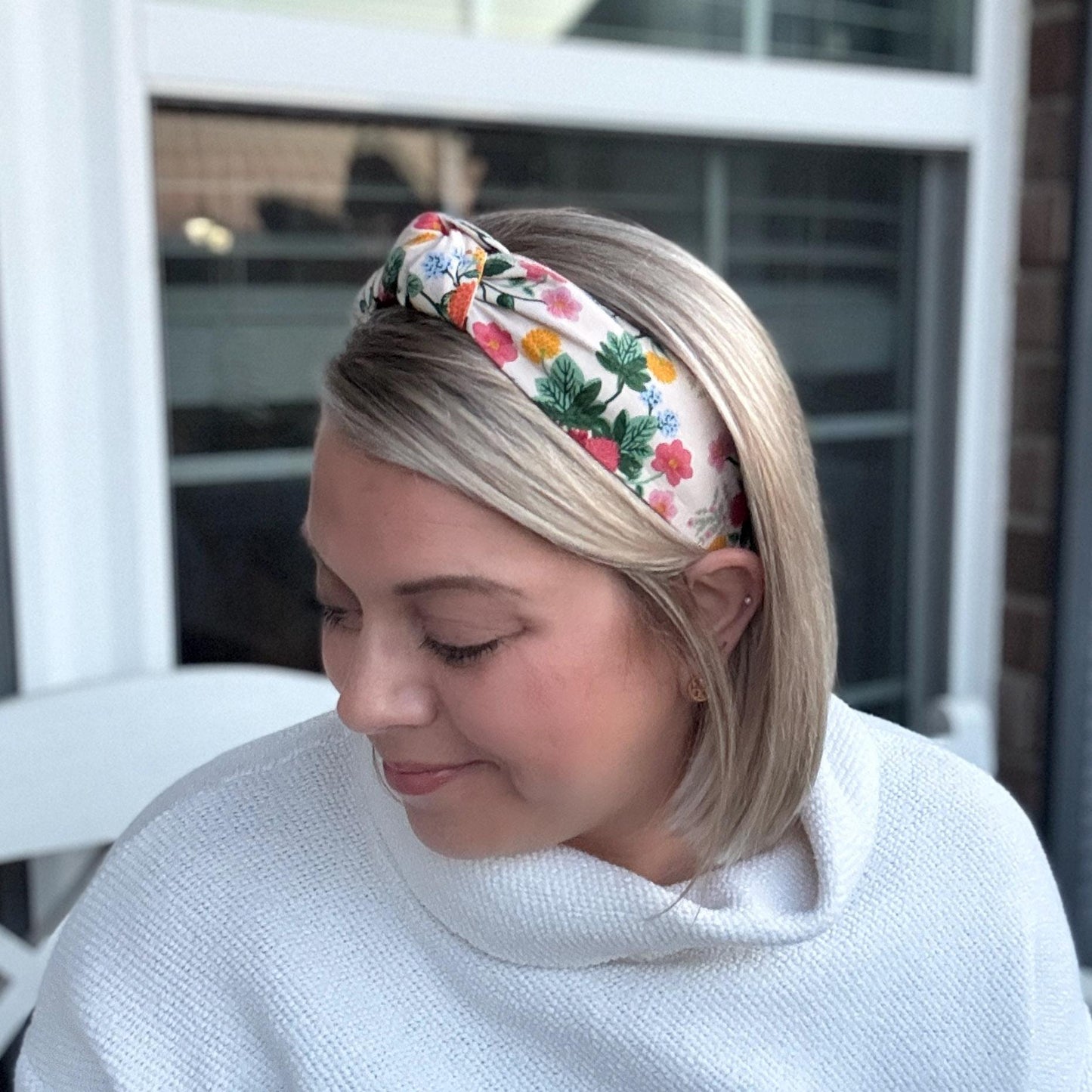 Dahlia Floral Topknot Headband made with Rifle Paper Co. fabric