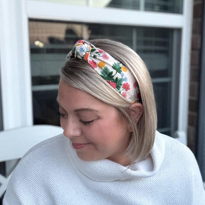Dahlia Floral Topknot Headband made with Rifle Paper Co. fabric