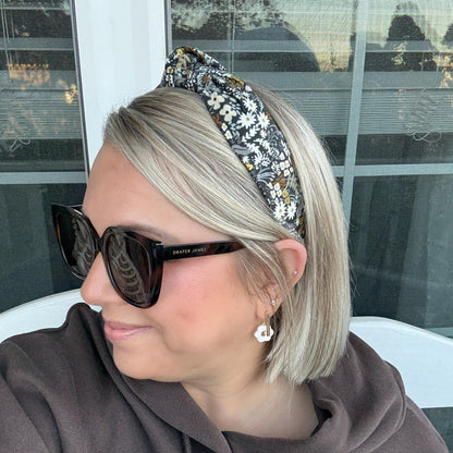 Brown Floral Topknot Headband Featuring Rifle Paper Company Primavera Fabric