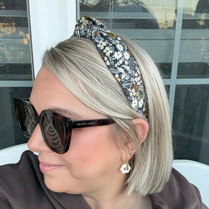 Brown Floral Topknot Headband Featuring Rifle Paper Company Primavera Fabric