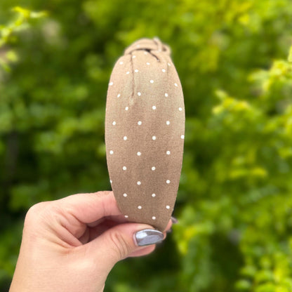 Brown Topknot Headband with White Micro Polka Dots