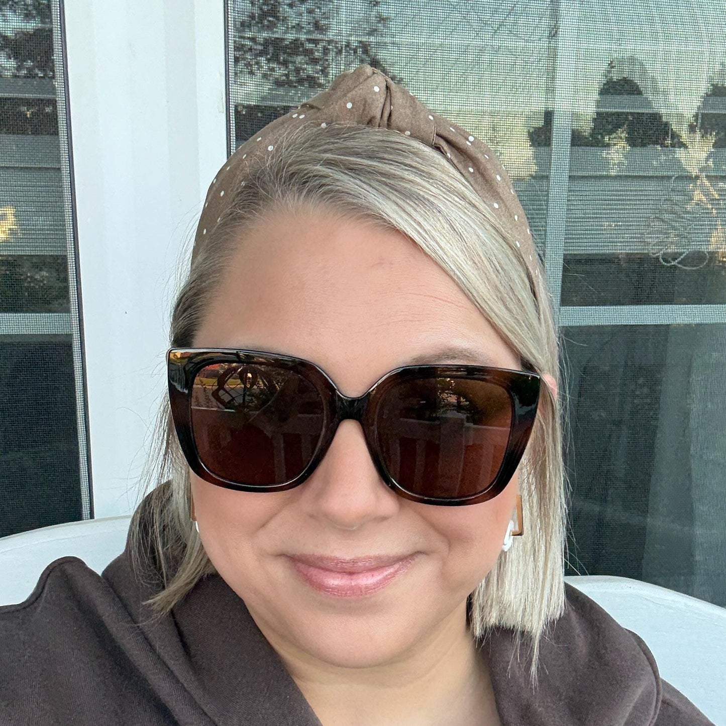 Brown Topknot Headband with White Micro Polka Dots