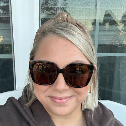 Brown Topknot Headband with White Micro Polka Dots