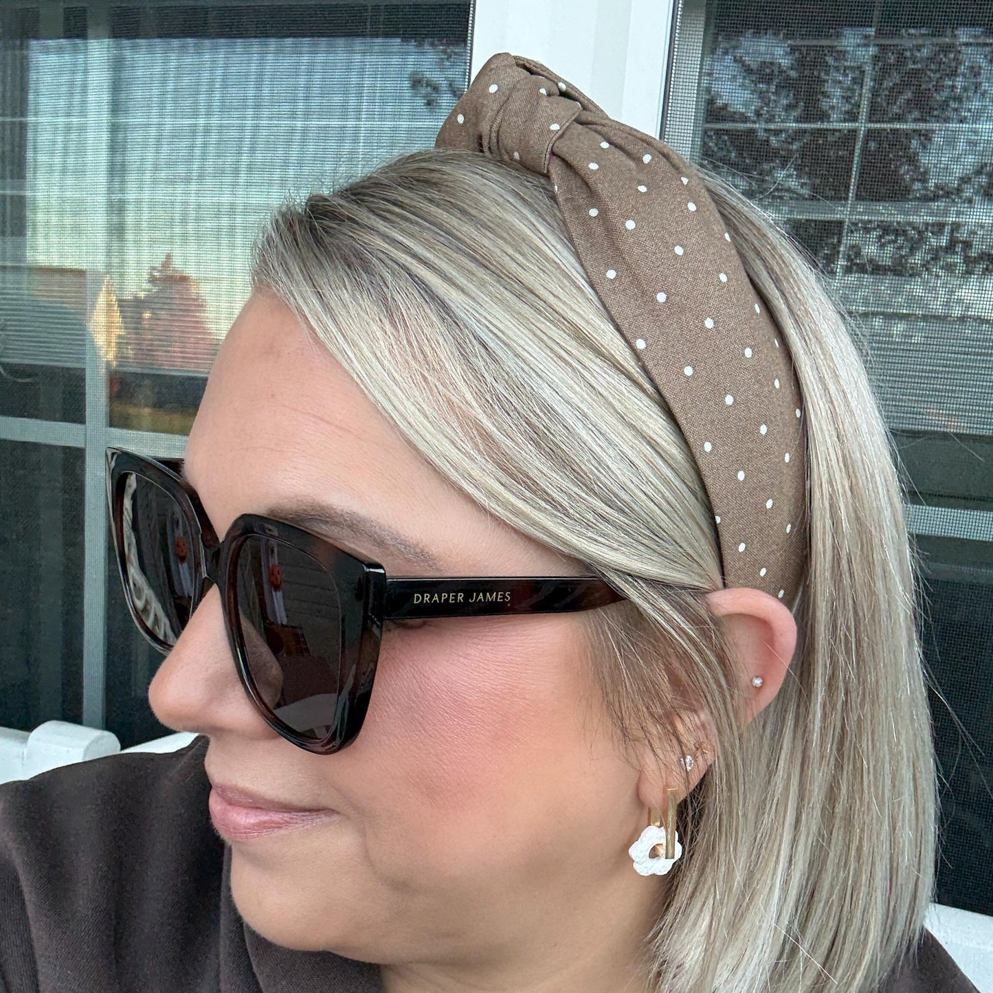 Brown Topknot Headband with White Micro Polka Dots
