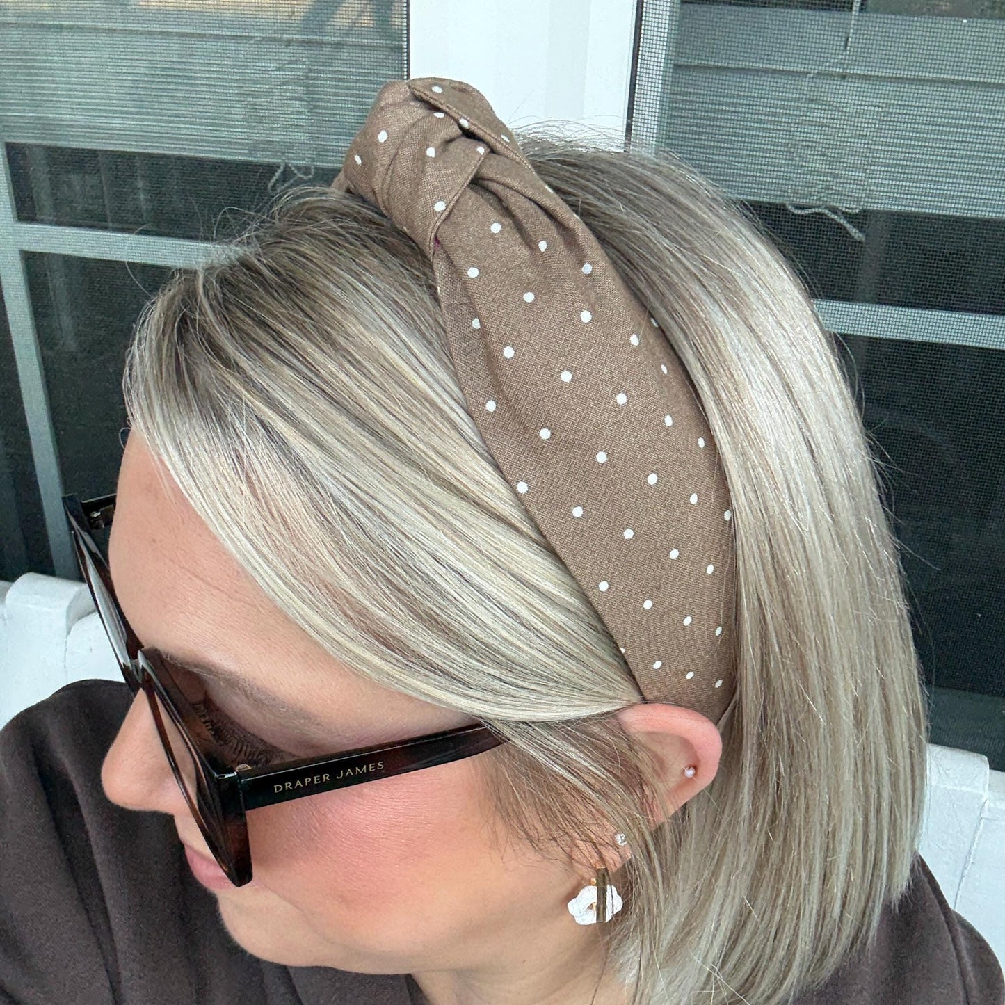 Brown Topknot Headband with White Micro Polka Dots