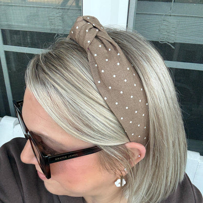 Brown Topknot Headband with White Micro Polka Dots
