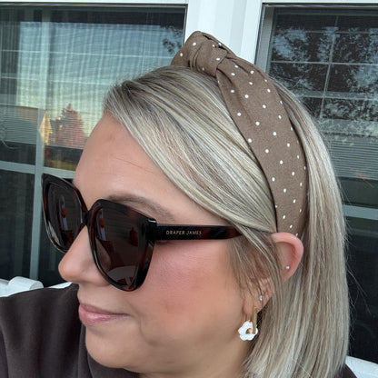 Brown Topknot Headband with White Micro Polka Dots