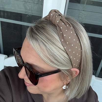 Brown Topknot Headband with White Micro Polka Dots