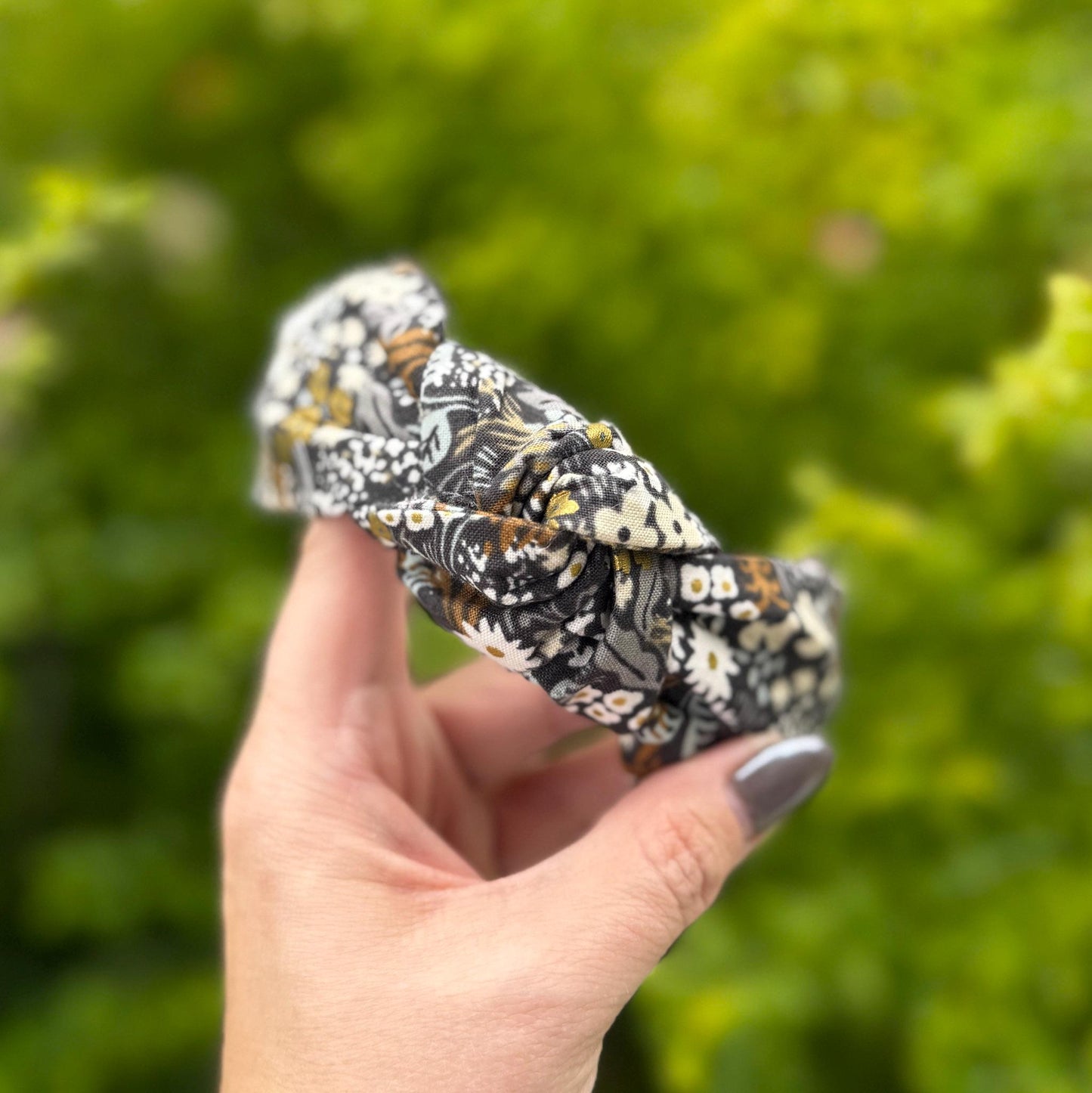 Brown Floral Topknot Headband Featuring Rifle Paper Company Primavera Fabric