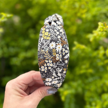 Brown Floral Topknot Headband Featuring Rifle Paper Company Primavera Fabric