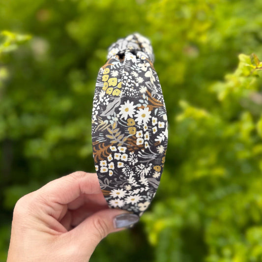 Brown Floral Topknot Headband Featuring Rifle Paper Company Primavera Fabric