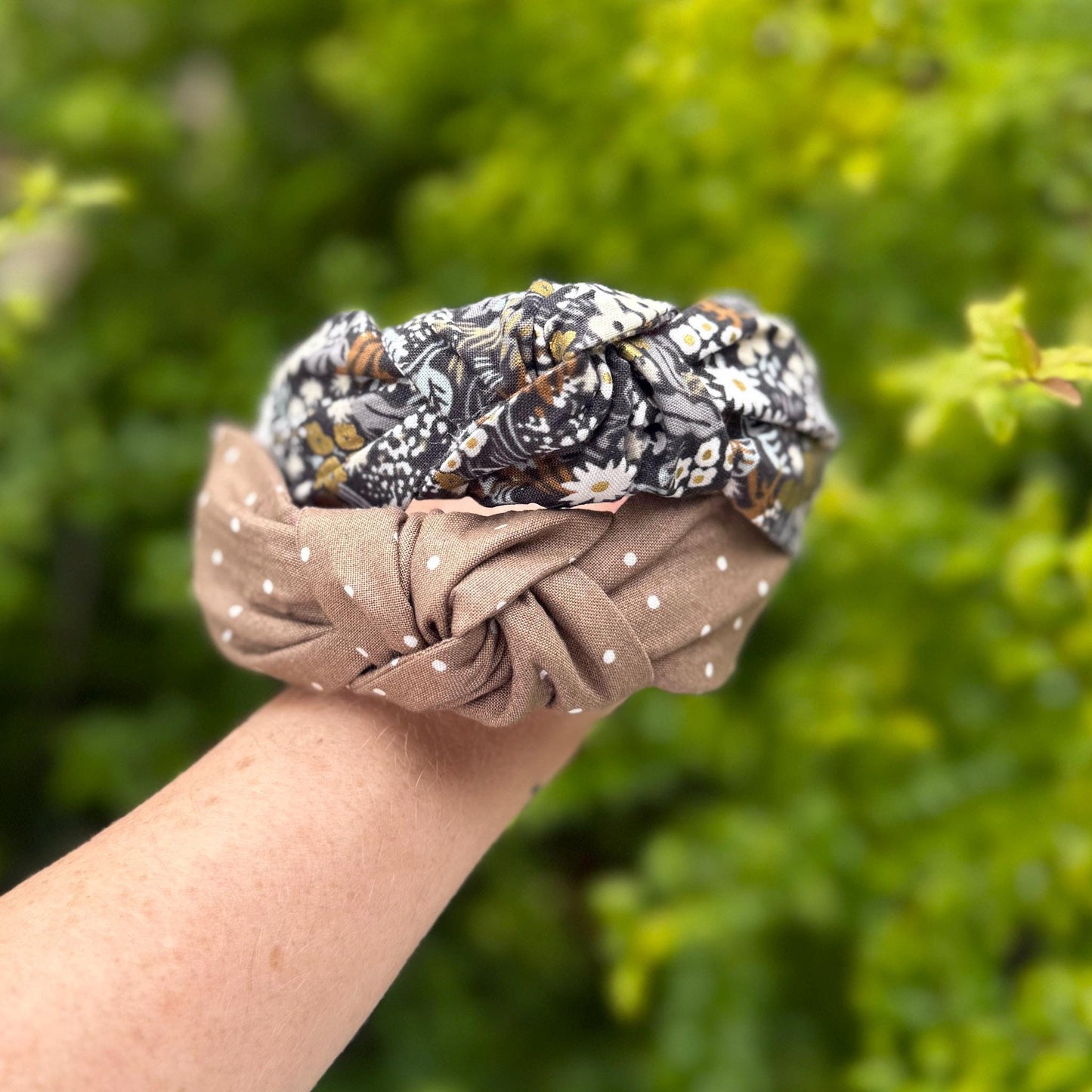 Brown Topknot Headband with White Micro Polka Dots