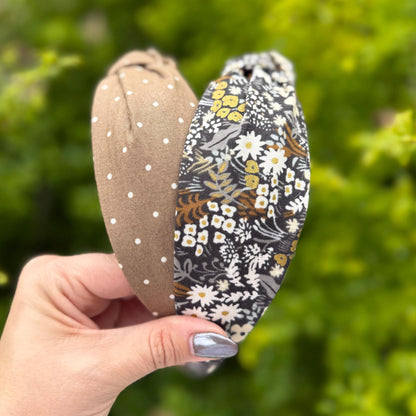 Brown Floral Topknot Headband Featuring Rifle Paper Company Primavera Fabric