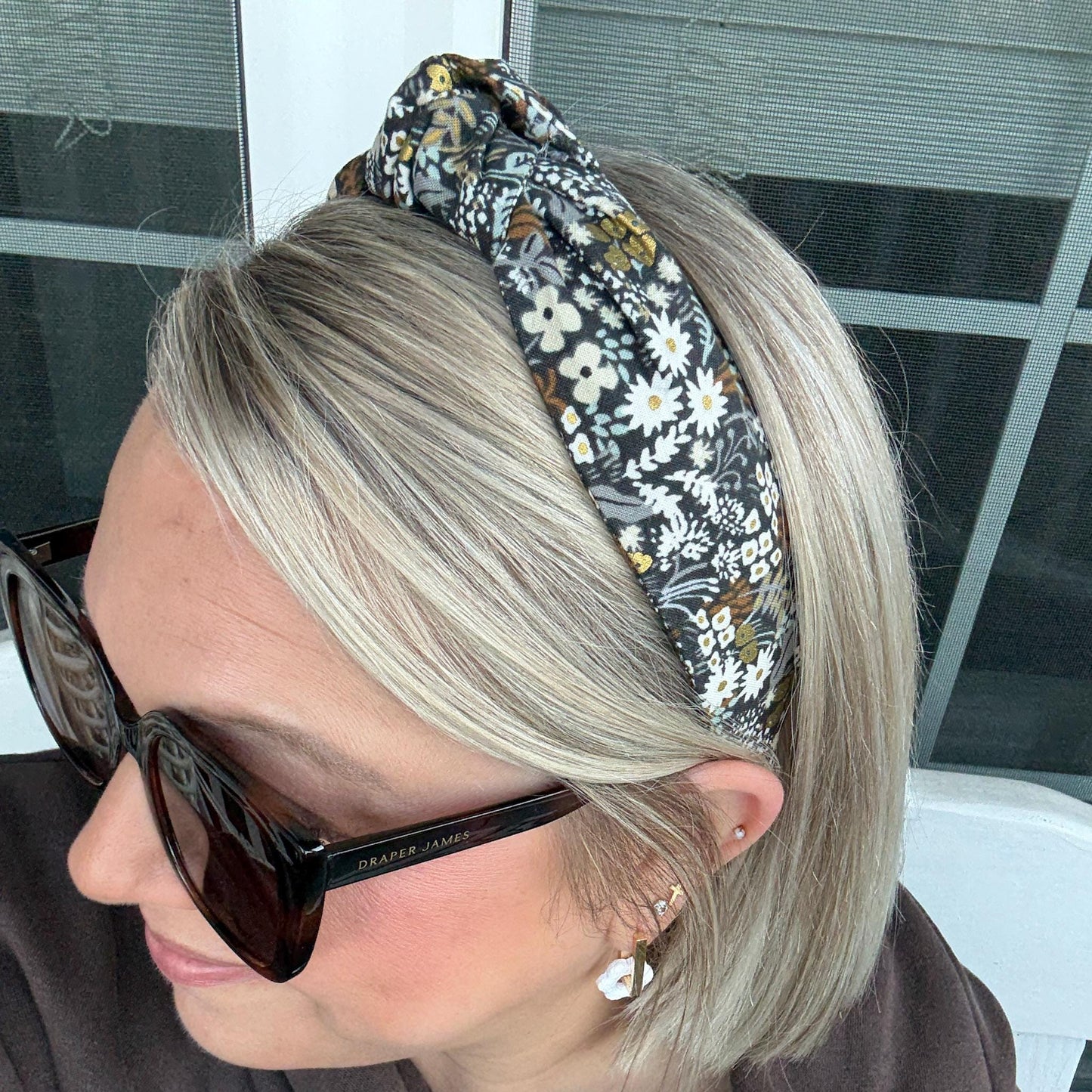 Brown Floral Topknot Headband Featuring Rifle Paper Company Primavera Fabric