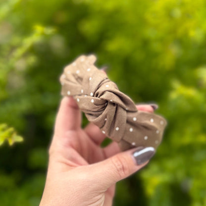 Brown Topknot Headband with White Micro Polka Dots