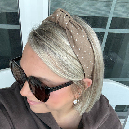 Brown Topknot Headband with White Micro Polka Dots