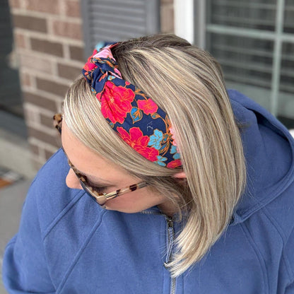 Pink & Navy Floral Topknot Headband