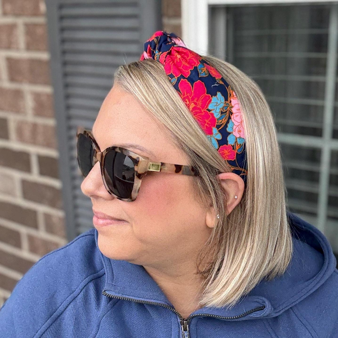 Pink & Navy Floral Topknot Headband