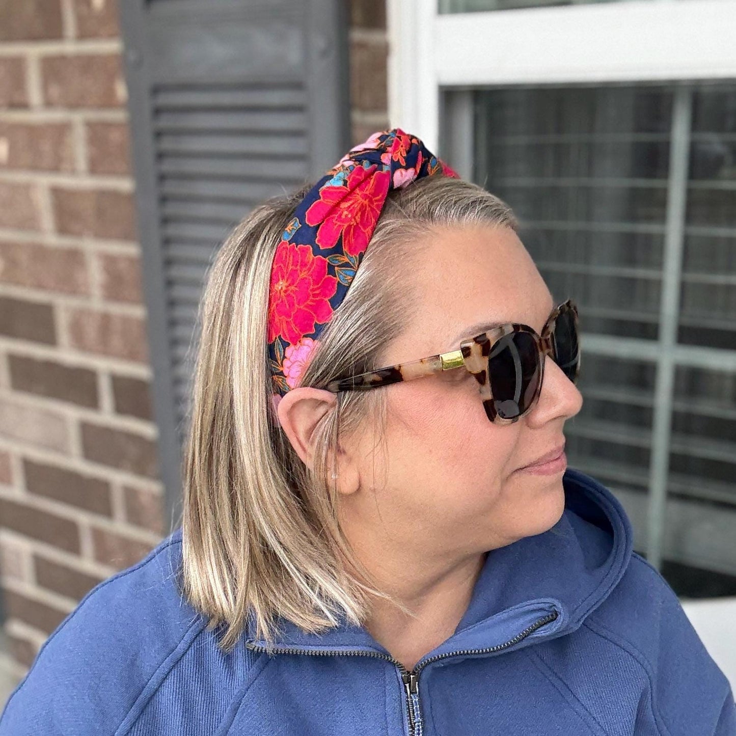 Pink & Navy Floral Topknot Headband