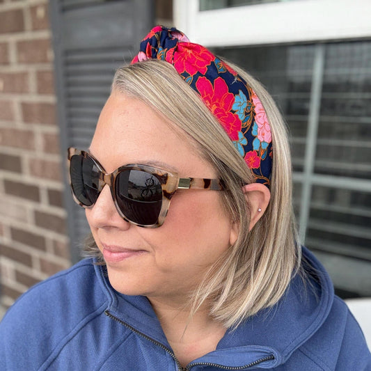 Pink & Navy Floral Topknot Headband