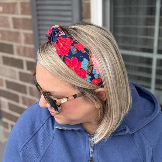 Pink & Navy Floral Topknot Headband