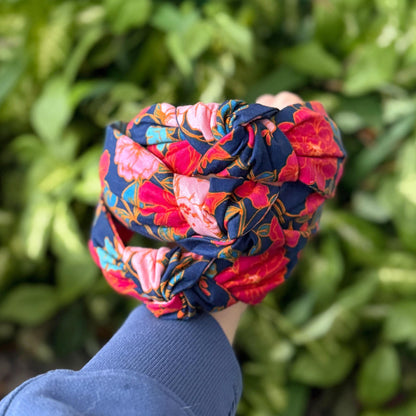 Pink & Navy Floral Topknot Headband