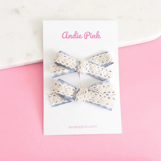 Neutral Gingham & Lace Bows | 3 inches