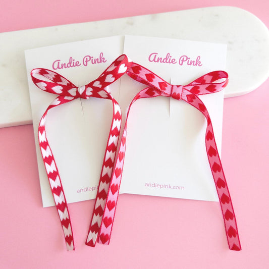 Long Valentine's Hair Bows with Hearts | 2 Color Options