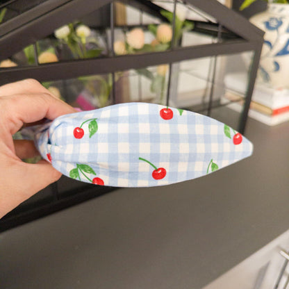 Cherry Headband with Blue & White Check
