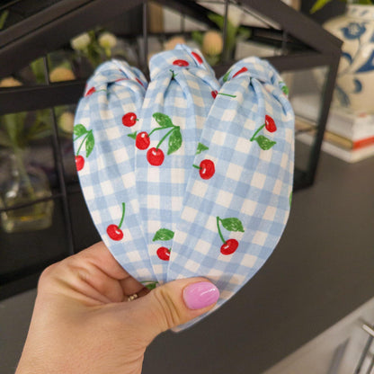 Cherry Headband with Blue & White Check