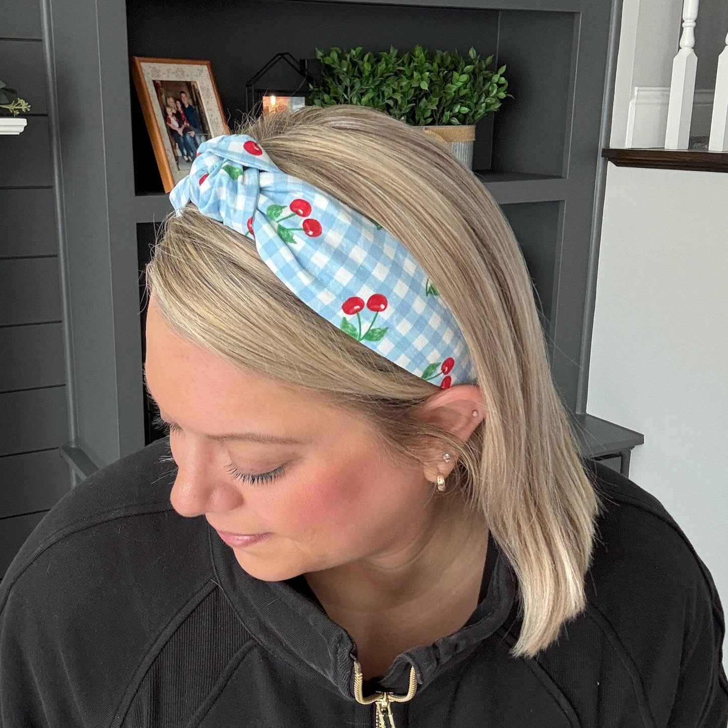 Cherry Headband with Blue & White Check