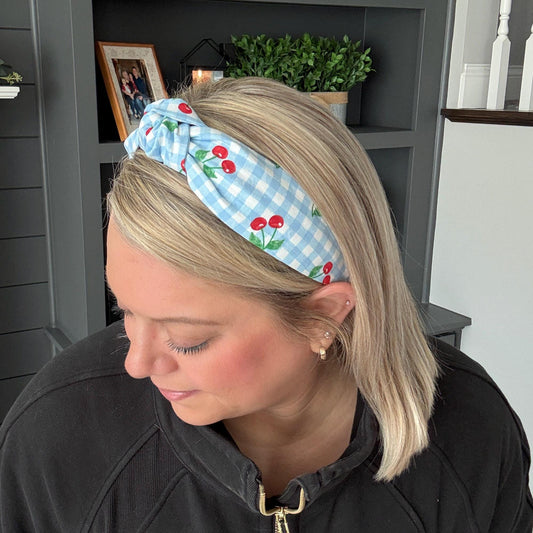 Cherry Headband with Blue & White Check