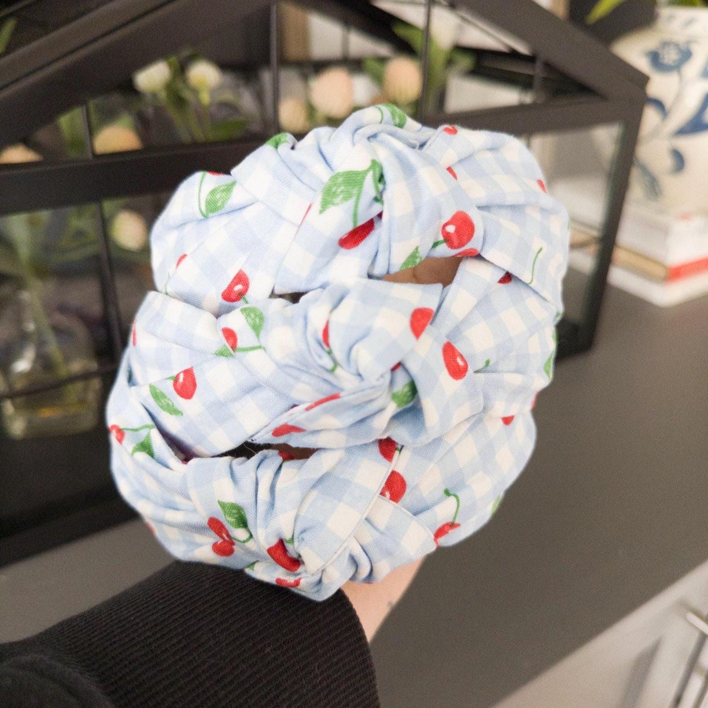 Cherry Headband with Blue & White Check