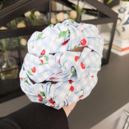 Cherry Headband with Blue & White Check
