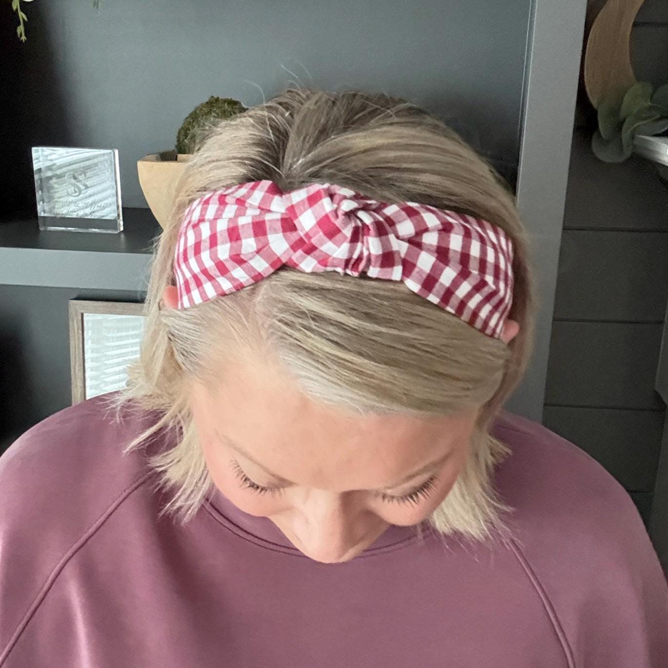 Burgundy and White Buffalo Check Headband