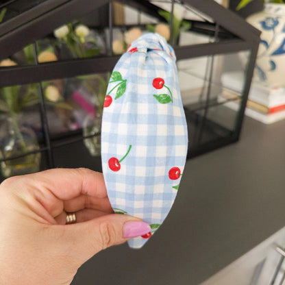 Cherry Headband with Blue & White Check