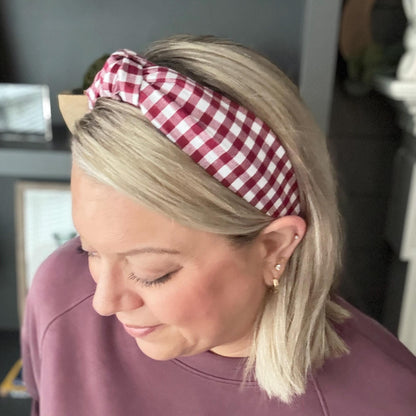 Burgundy and White Buffalo Check Headband