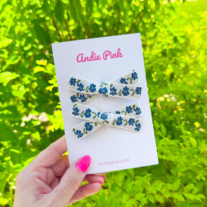Blue Floral Hair Bows | Toddler Bows | Single Bow or Piggy Set
