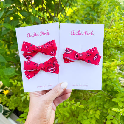 Red Bandana Theme Hair Bows | Toddler Bows | Single Bow or Piggy Set
