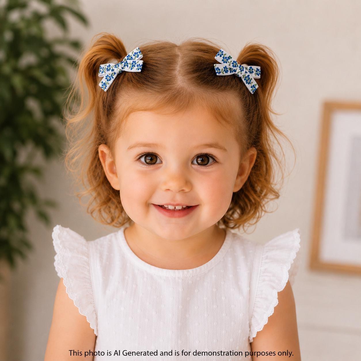 Blue Floral Hair Bows | Toddler Bows | Single Bow or Piggy Set