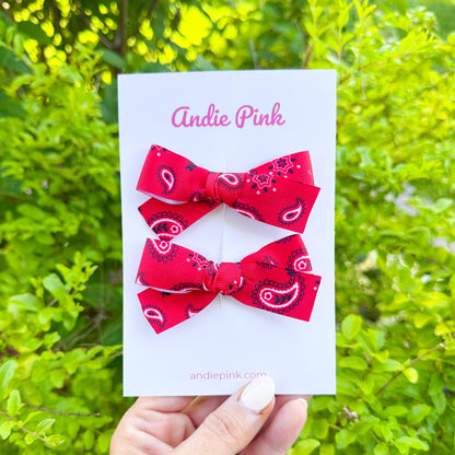 Red Bandana Theme Hair Bows | Toddler Bows | Single Bow or Piggy Set