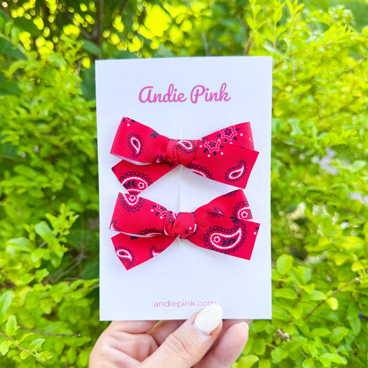 Red Bandana Theme Hair Bows | Toddler Bows | Single Bow or Piggy Set
