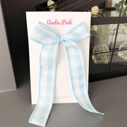 Long Blue and White Gingham Hair Bow | 5 inches