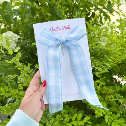 Long Blue and White Gingham Hair Bow | 5 inches